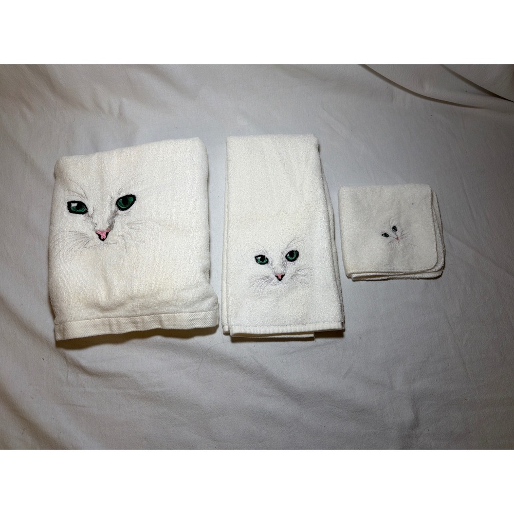 Vintage Dundee Jillian Rose Cat Towel‎ Set White Embroidered Cotton 3pc USA 80s